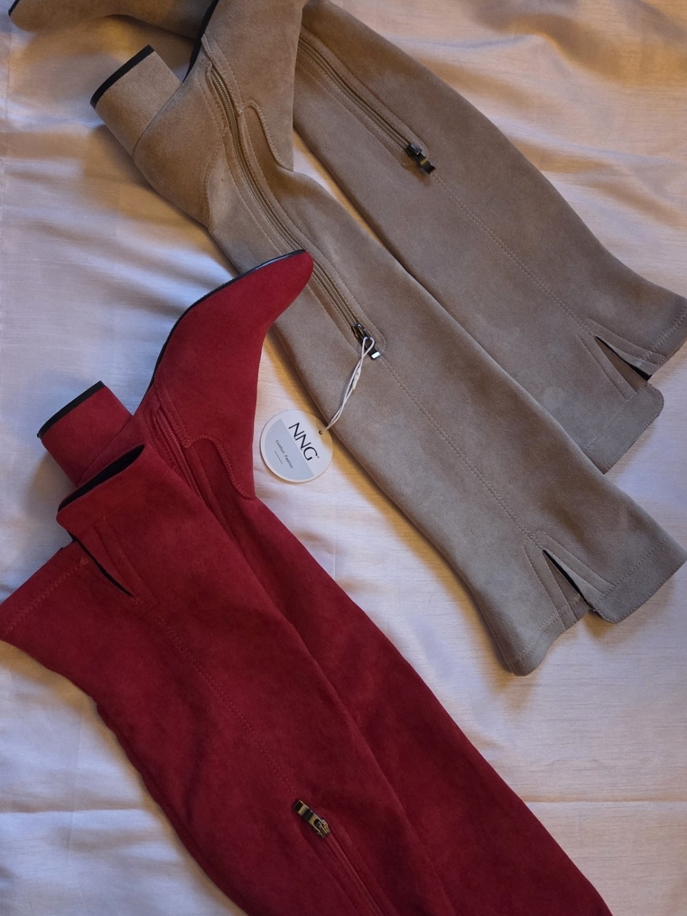 INC Suede Knee-High Boots in Red and Taupe 2 Pairs One With Tags Low Comfy Heel